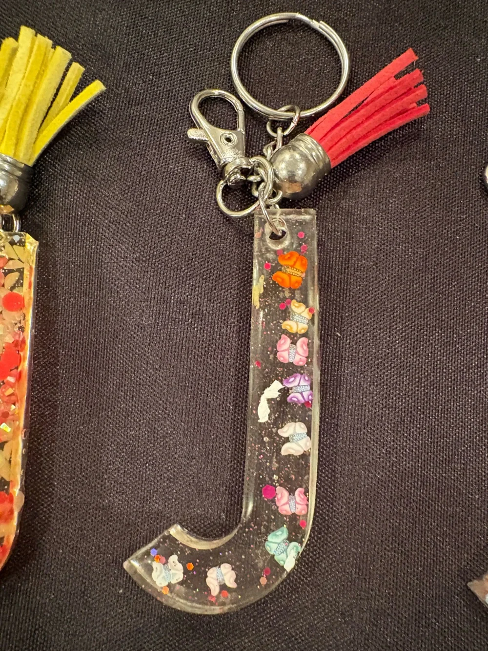 Resin J Initial Keychain and Tassels